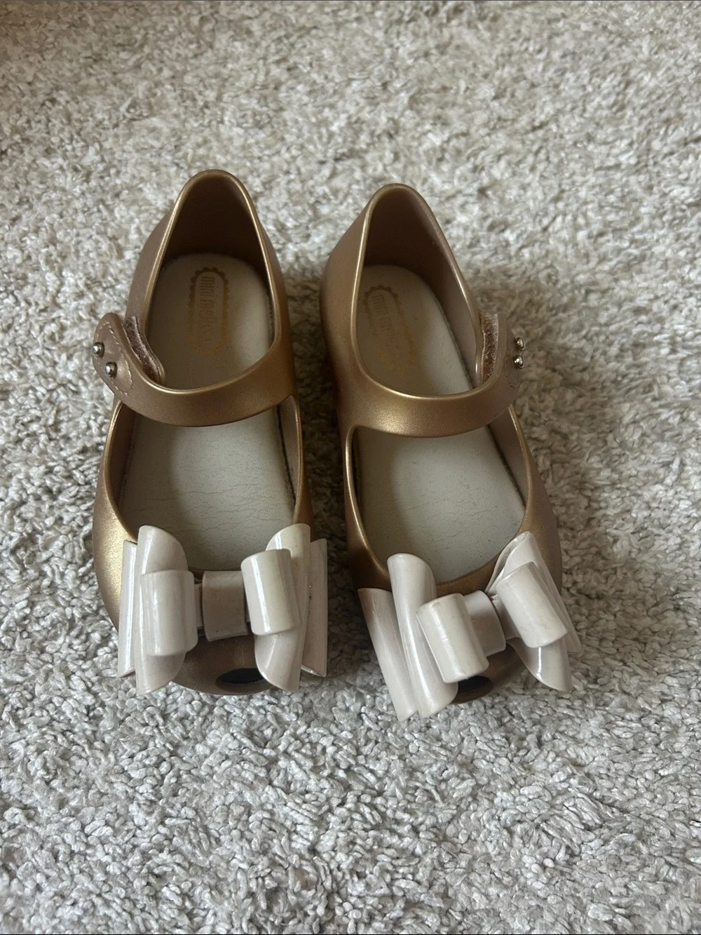 Mini Melissa Metallic Gold Mary Jane Shoes with Cream Bows